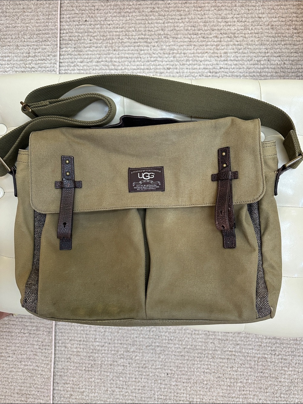 Authentic UGG Olive Canvas Messenger Bag with Brown Leather Accents